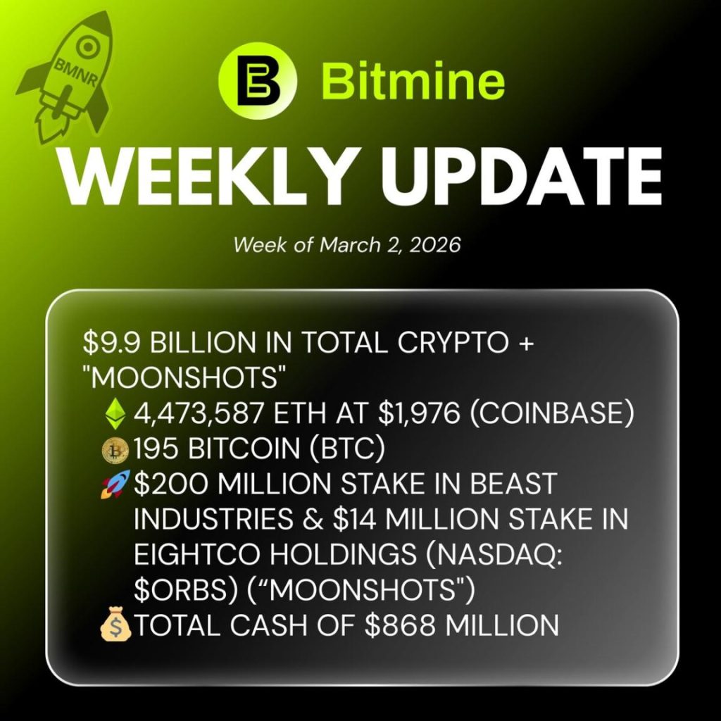 Bitmine Immersion Technologies (BMNR) Announces ETH Holdings Reach 4.474 Million Tokens, And Total Crypto And Total Cash Holdings Of .9 Billion Bitmine Immersion Technologies (BMNR) Announces ETH Holdings Reach 4.474 Million Tokens, And Total Crypto And Total Cash Holdings Of .9 Billion