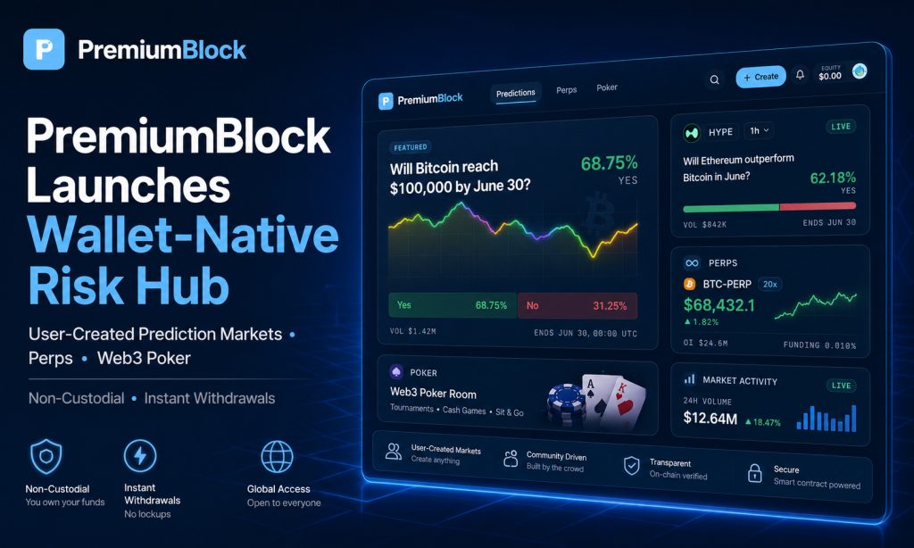PremiumBlock Launches Non-Custodial Risk Hub For User-Created Prediction Markets, Perps And Web3 Poker PremiumBlock Launches Non-Custodial Risk Hub For User-Created Prediction Markets, Perps And Web3 Poker