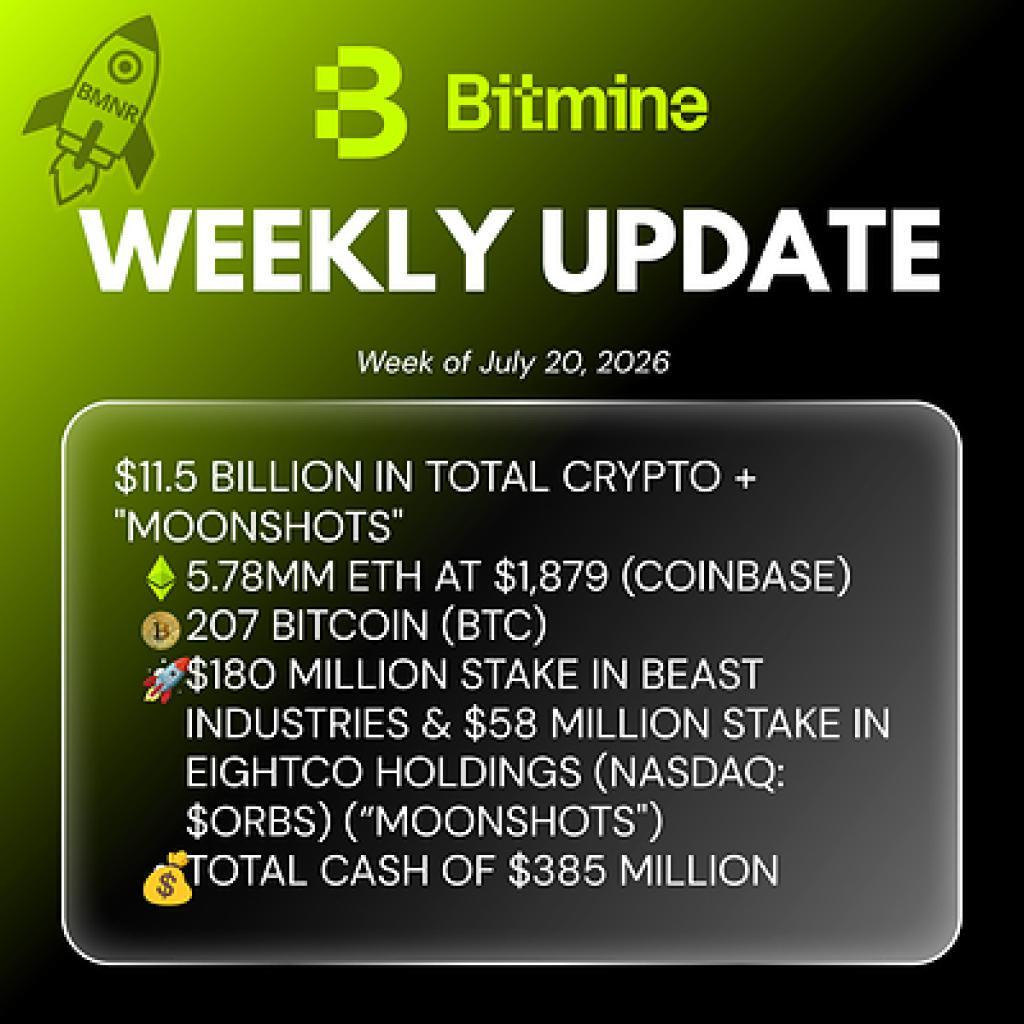 Bitmine Immersion Technologies (BMNR) Announces ETH Holdings Reach 5.78 Million Tokens, And Total Crypto And Total Cash Holdings Of .5 Billion Bitmine Immersion Technologies (BMNR) Announces ETH Holdings Reach 5.78 Million Tokens, And Total Crypto And Total Cash Holdings Of .5 Billion