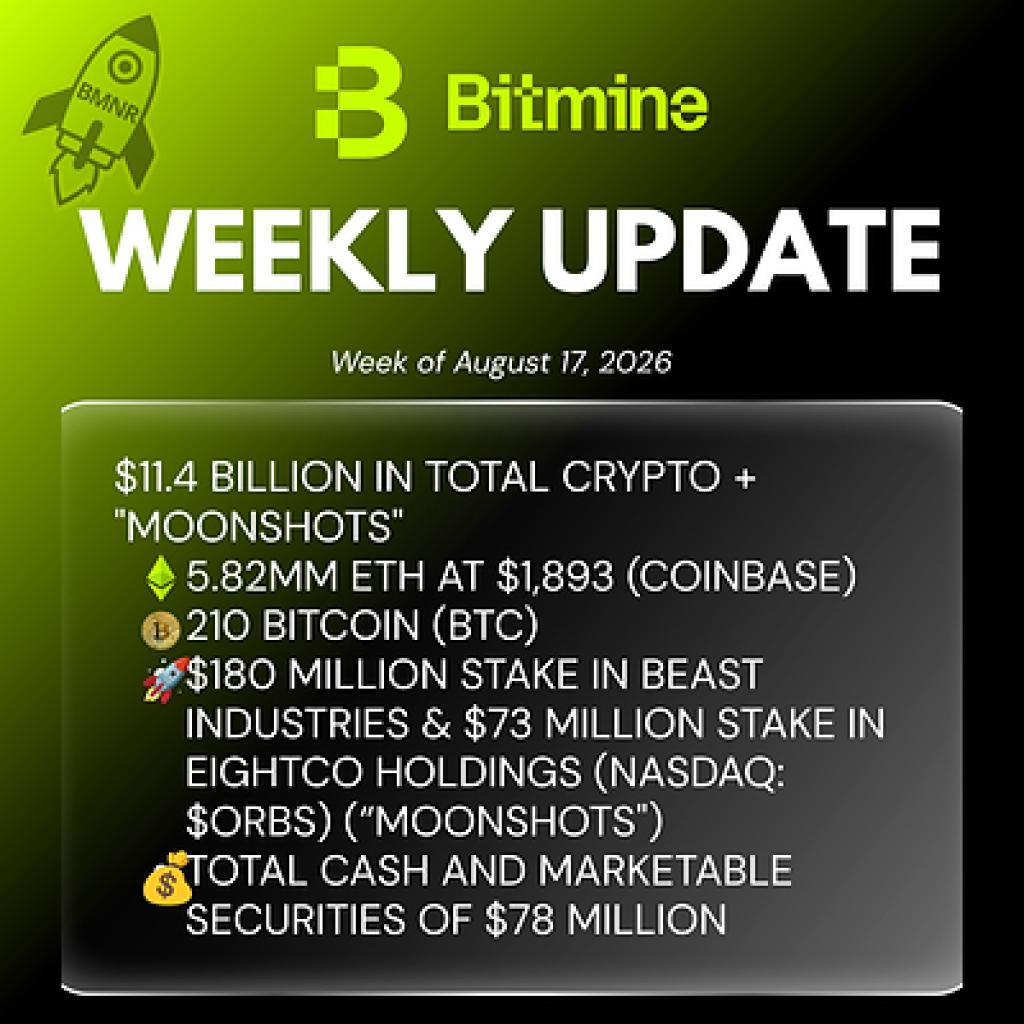 Bitmine Immersion Technologies (BMNR) Announces ETH Holdings Reach 5.82 Million Tokens, and Total Crypto and Total Cash Holdings of .4 Billion Bitmine Immersion Technologies (BMNR) Announces ETH Holdings Reach 5.82 Million Tokens, and Total Crypto and Total Cash Holdings of .4 Billion