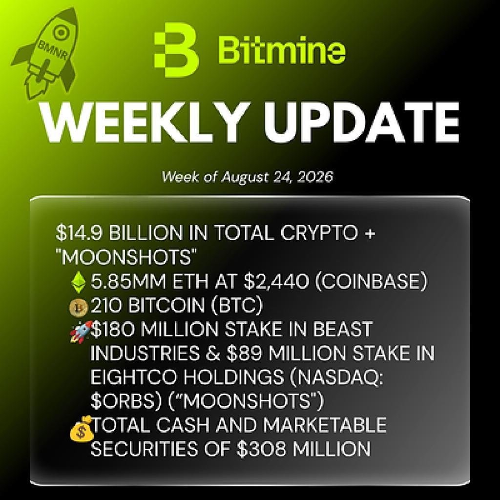 Bitmine Immersion Technologies (BMNR) Announces ETH Holdings Reach 5.85 Million Tokens, and Total Crypto and Total Cash Holdings of .9 Billion Bitmine Immersion Technologies (BMNR) Announces ETH Holdings Reach 5.85 Million Tokens, and Total Crypto and Total Cash Holdings of .9 Billion