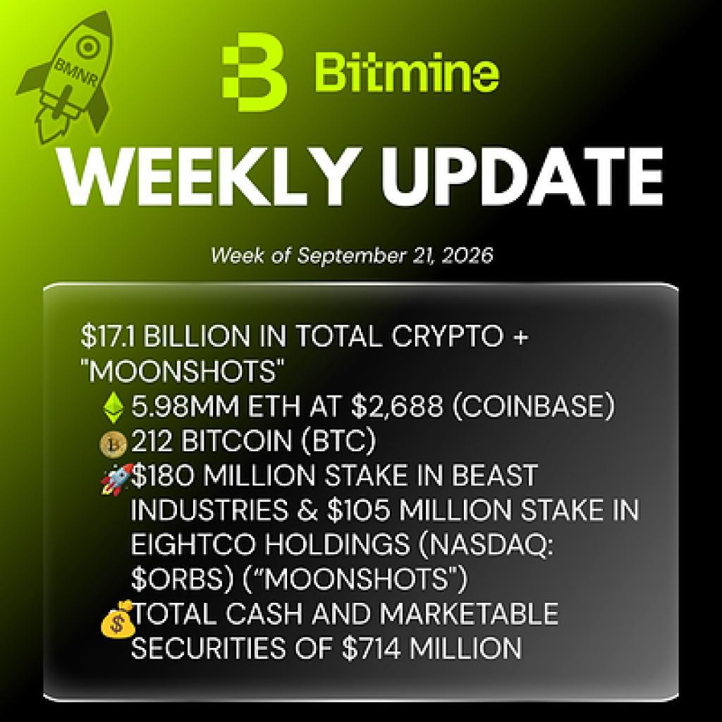 Bitmine Immersion Technologies (BMNR) Announces ETH Holdings Reach 5.98 Million Tokens, and Total Crypto and Total Cash Holdings of .1 Billion Bitmine Immersion Technologies (BMNR) Announces ETH Holdings Reach 5.98 Million Tokens, and Total Crypto and Total Cash Holdings of .1 Billion